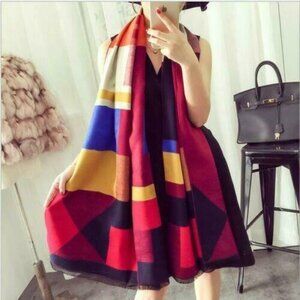 Plaid Oversized Checker Color Block Blanket Tassel Long Scarf Shawl Red Navy